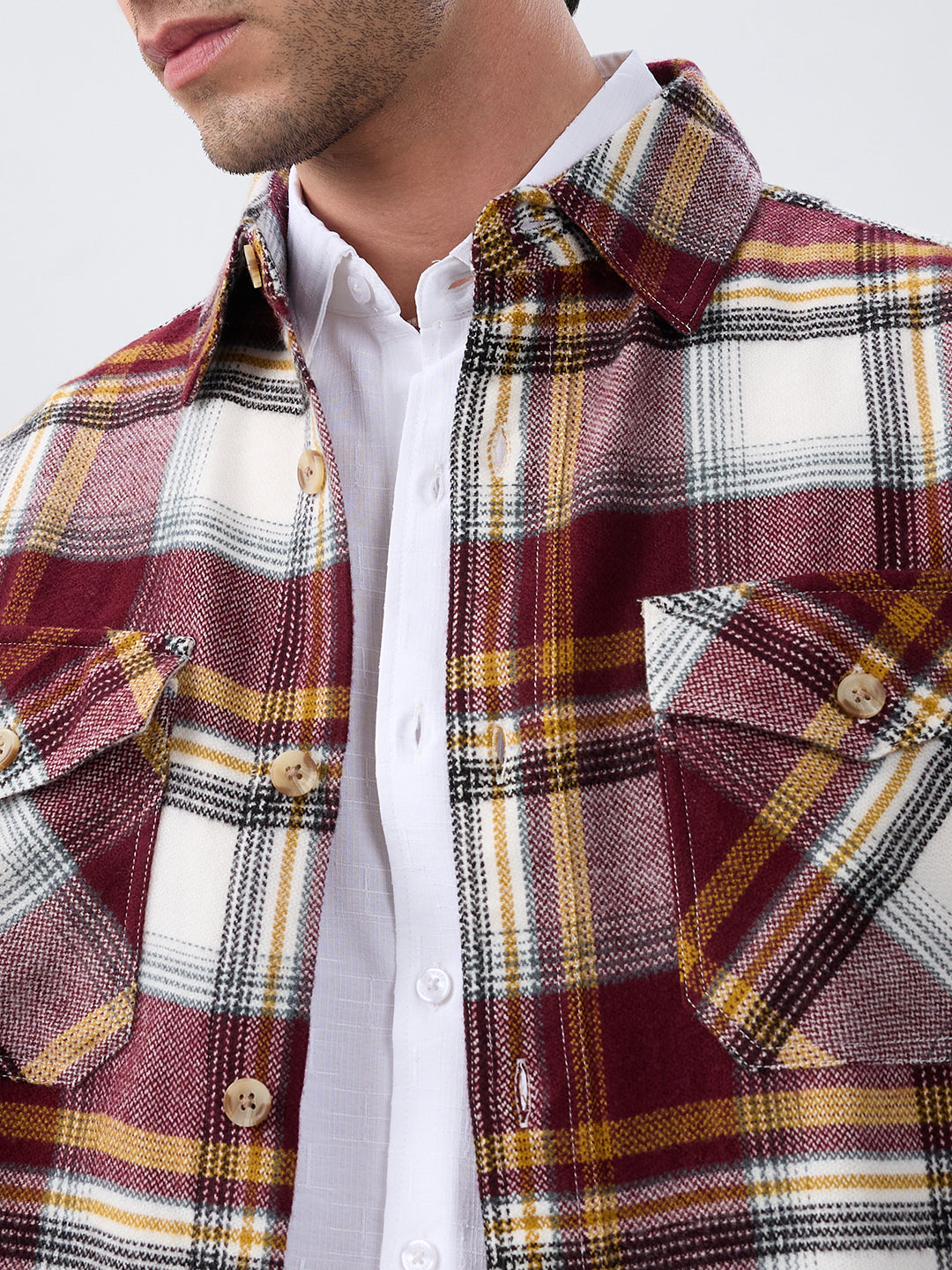 Cherry Red & White Checks Double Pocket Flannel Shirt