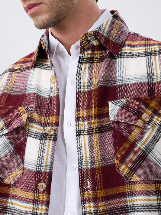 Cherry Red & White Checks Double Pocket Flannel Shirt