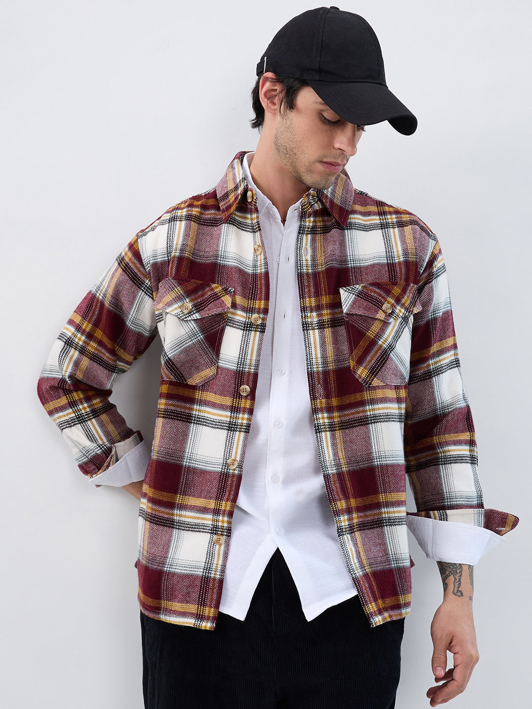 Cherry Red & White Checks Double Pocket Flannel Shirt