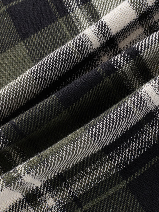 Olive & Black Plaid Checks Boxy Fit Crop Shirt