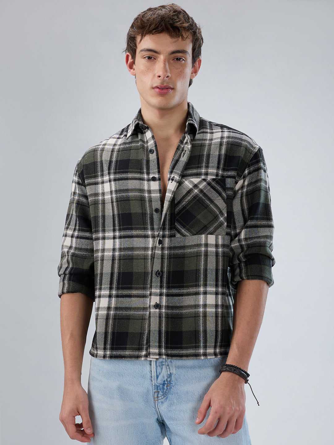 Olive & Black Plaid Checks Boxy Fit Crop Shirt