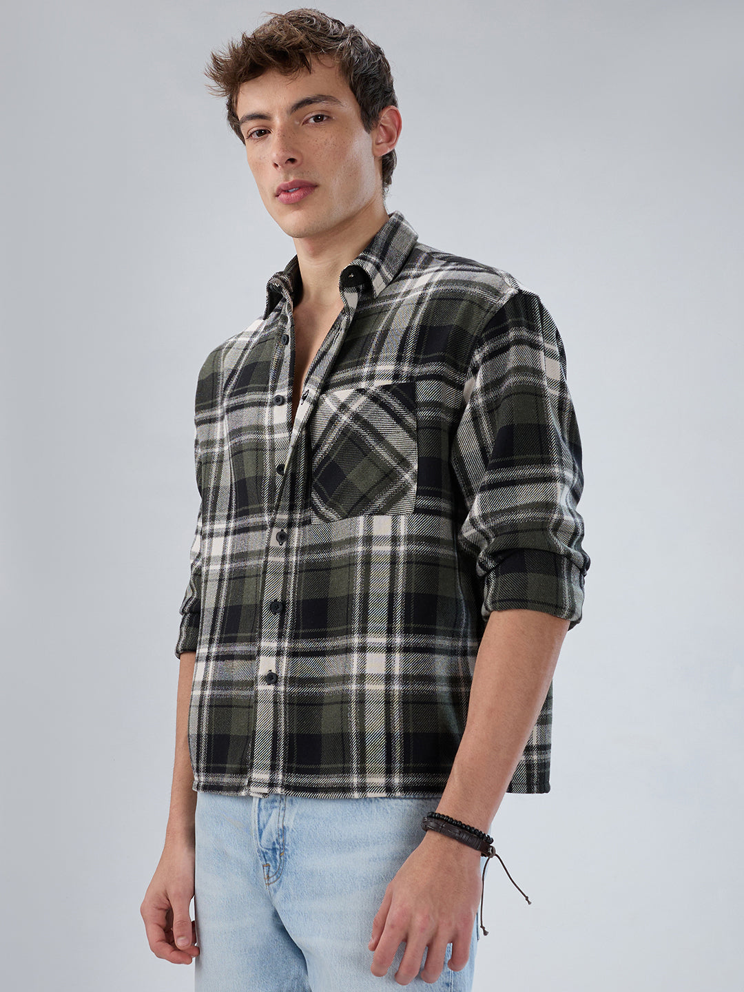 Olive & Black Plaid Checks Boxy Fit Crop Shirt