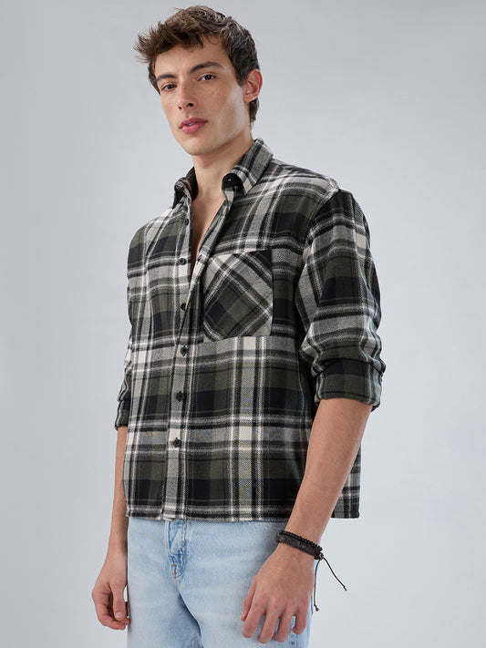 Olive & Black Plaid Checks Boxy Fit Crop Shirt