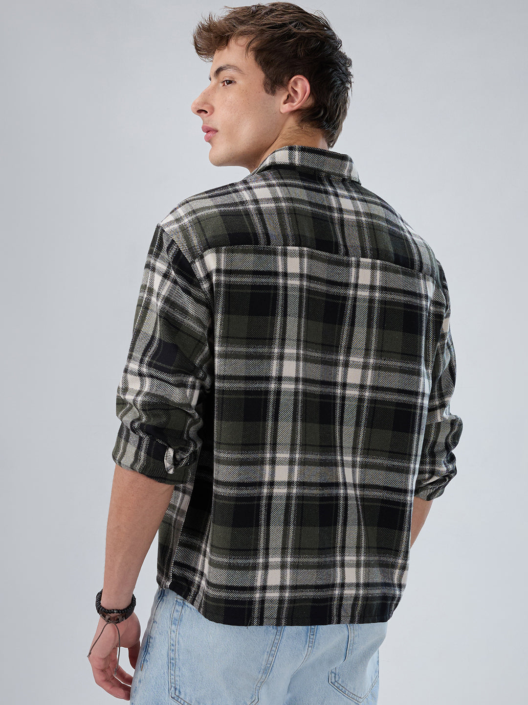 Olive & Black Plaid Checks Boxy Fit Crop Shirt