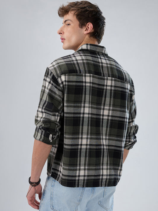 Olive & Black Plaid Checks Boxy Fit Crop Shirt