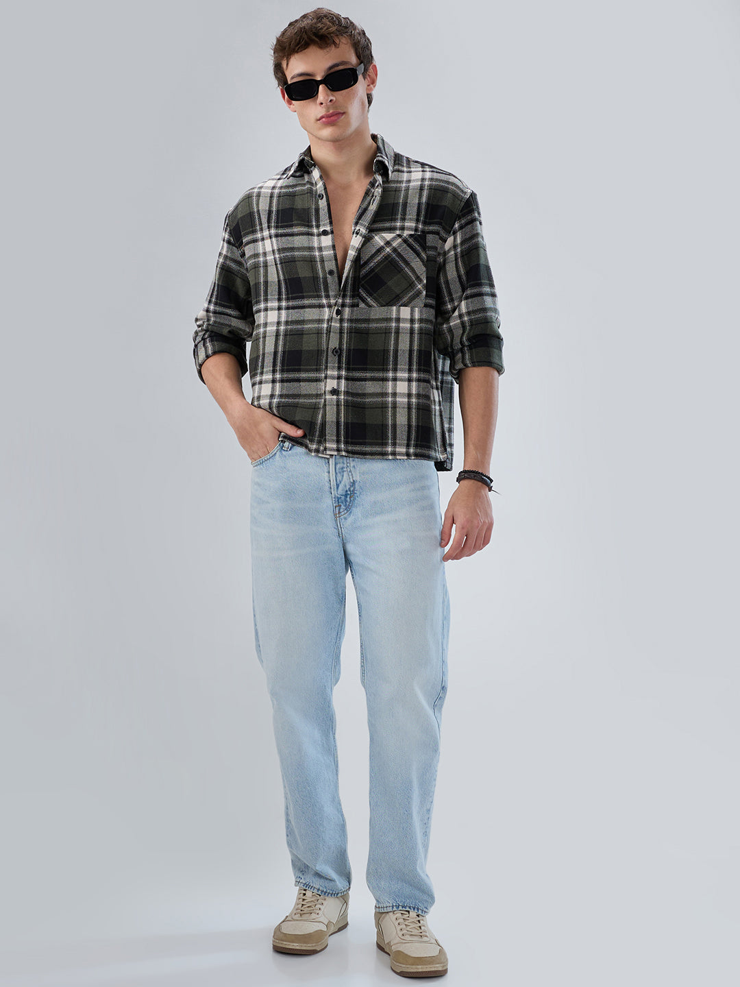 Olive & Black Plaid Checks Boxy Fit Crop Shirt