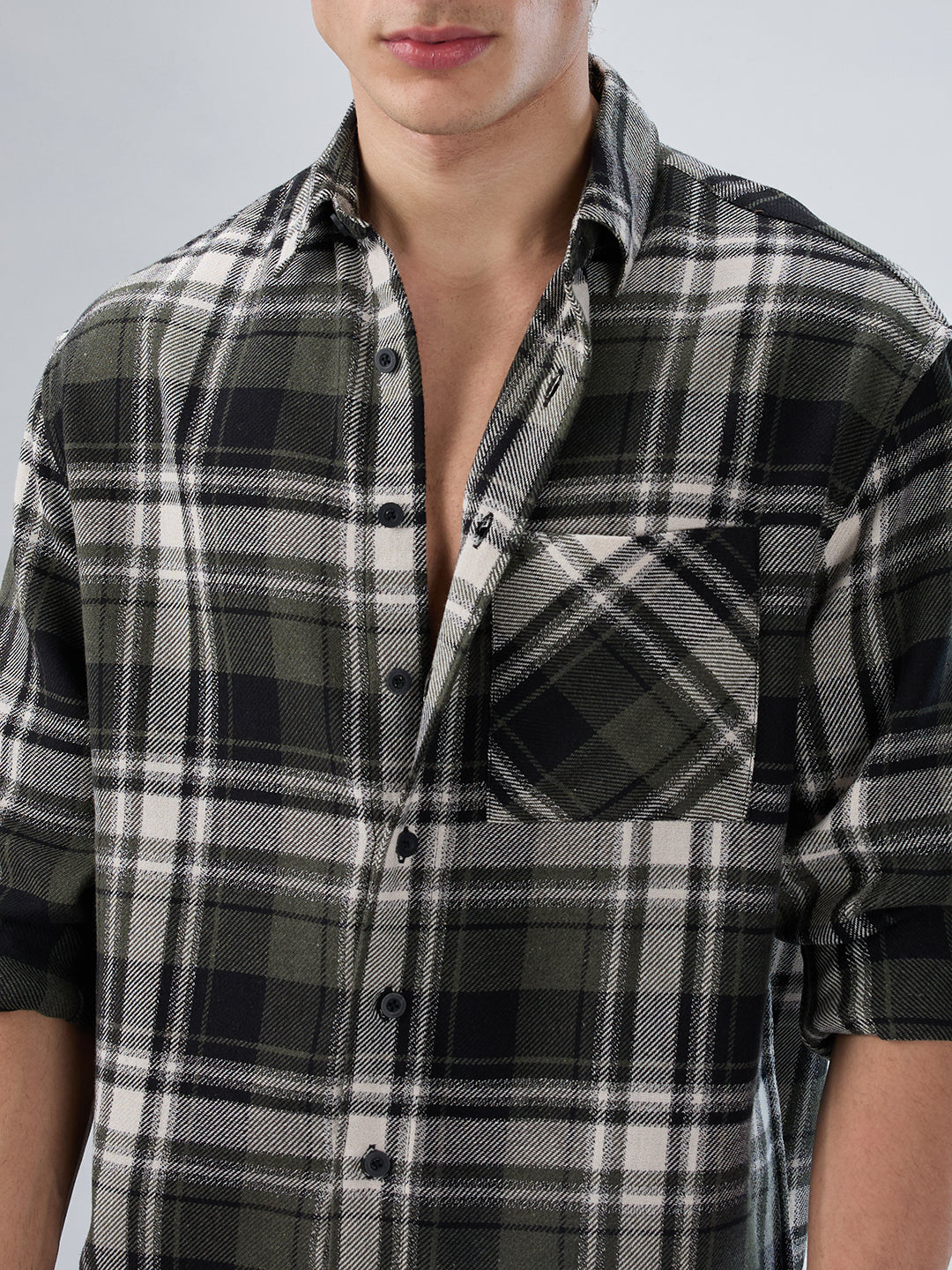 Olive & Black Plaid Checks Boxy Fit Crop Shirt