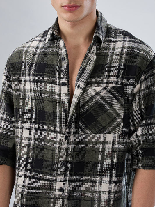 Olive & Black Plaid Checks Boxy Fit Crop Shirt