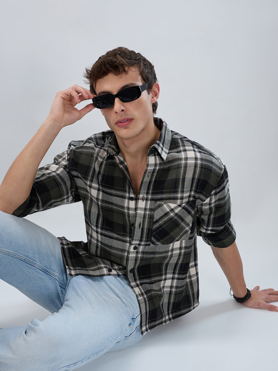 Olive & Black Plaid Checks Boxy Fit Crop Shirt