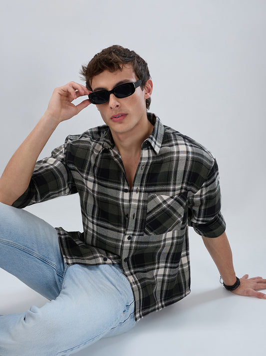 Olive & Black Plaid Checks Boxy Fit Crop Shirt