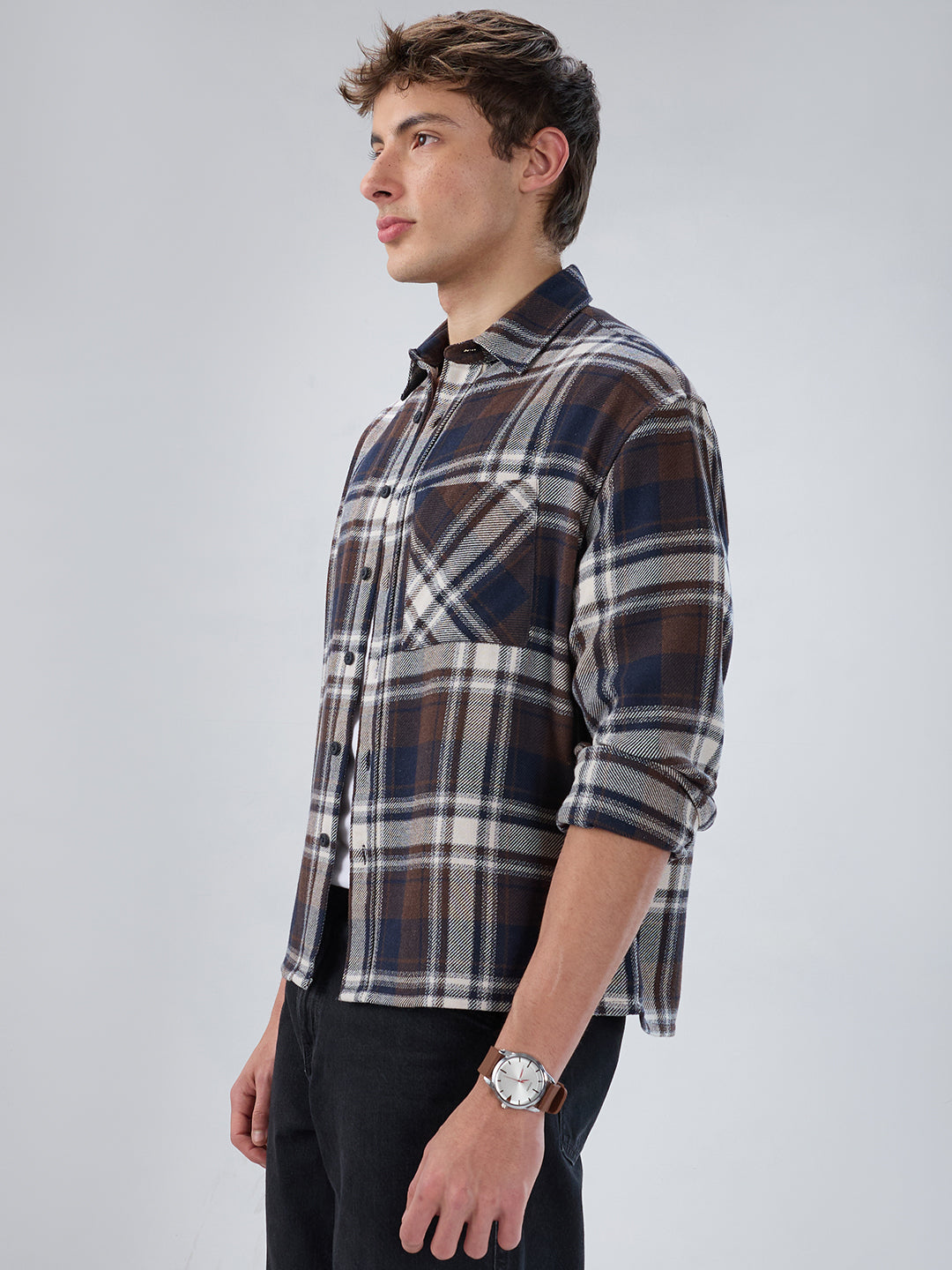 Brown & Navy Plaid Checks Boxy Fit Crop Shirt