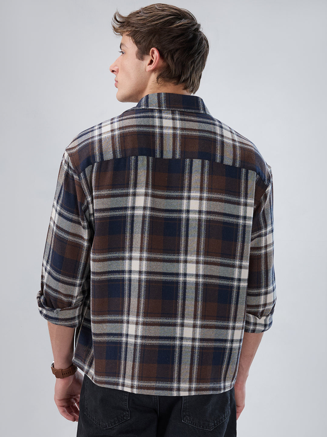 Brown & Navy Plaid Checks Boxy Fit Crop Shirt