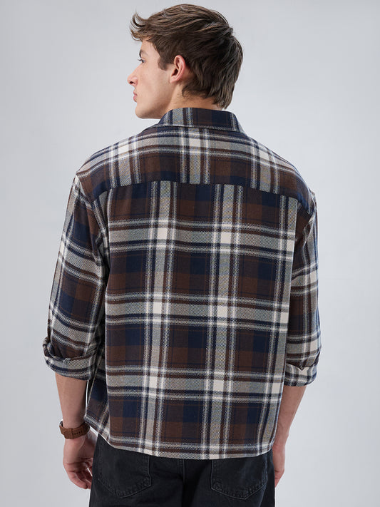 Brown & Navy Plaid Checks Boxy Fit Crop Shirt