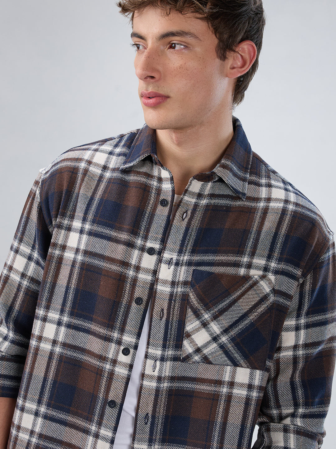 Brown & Navy Plaid Checks Boxy Fit Crop Shirt