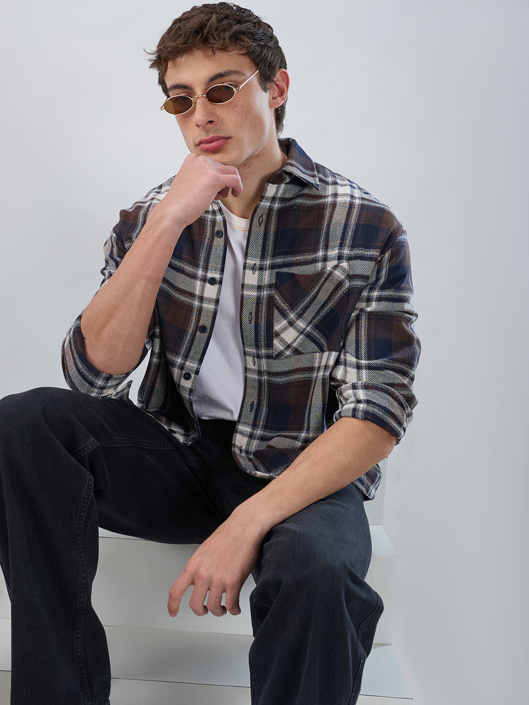 Brown & Navy Plaid Checks Boxy Fit Crop Shirt