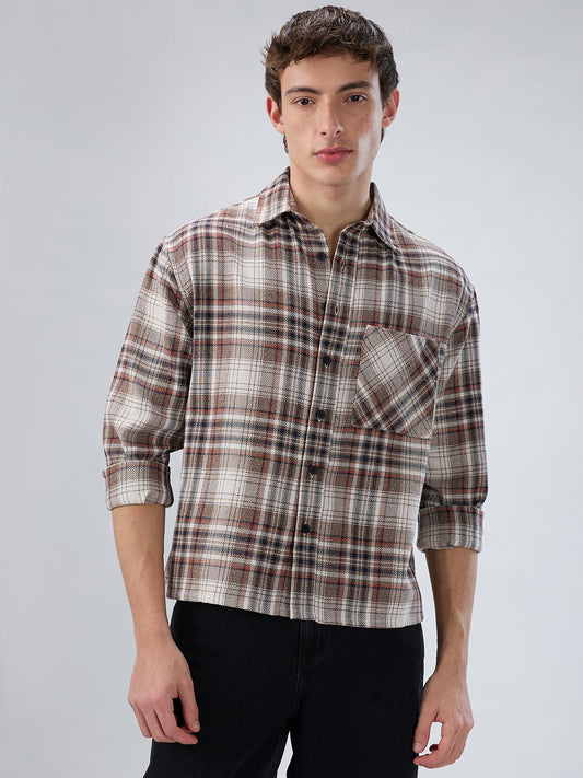 Orange & Brown Plaid Checks Boxy Fit Crop Shirt