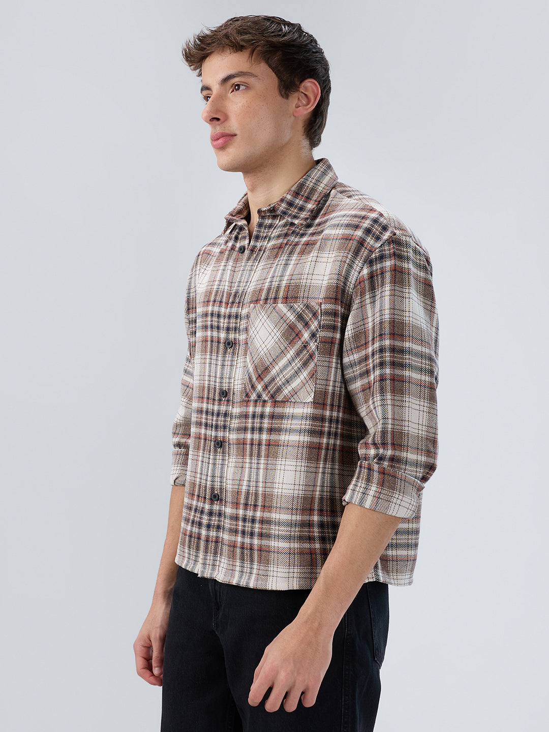 Orange & Brown Plaid Checks Boxy Fit Crop Shirt