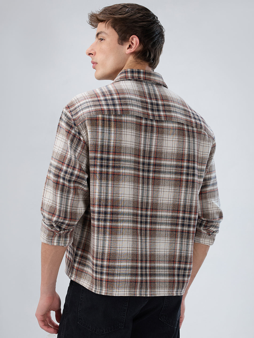 Orange & Brown Plaid Checks Boxy Fit Crop Shirt