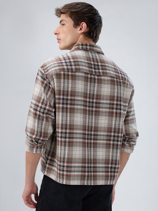 Orange & Brown Plaid Checks Boxy Fit Crop Shirt