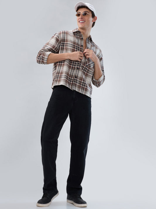 Orange & Brown Plaid Checks Boxy Fit Crop Shirt