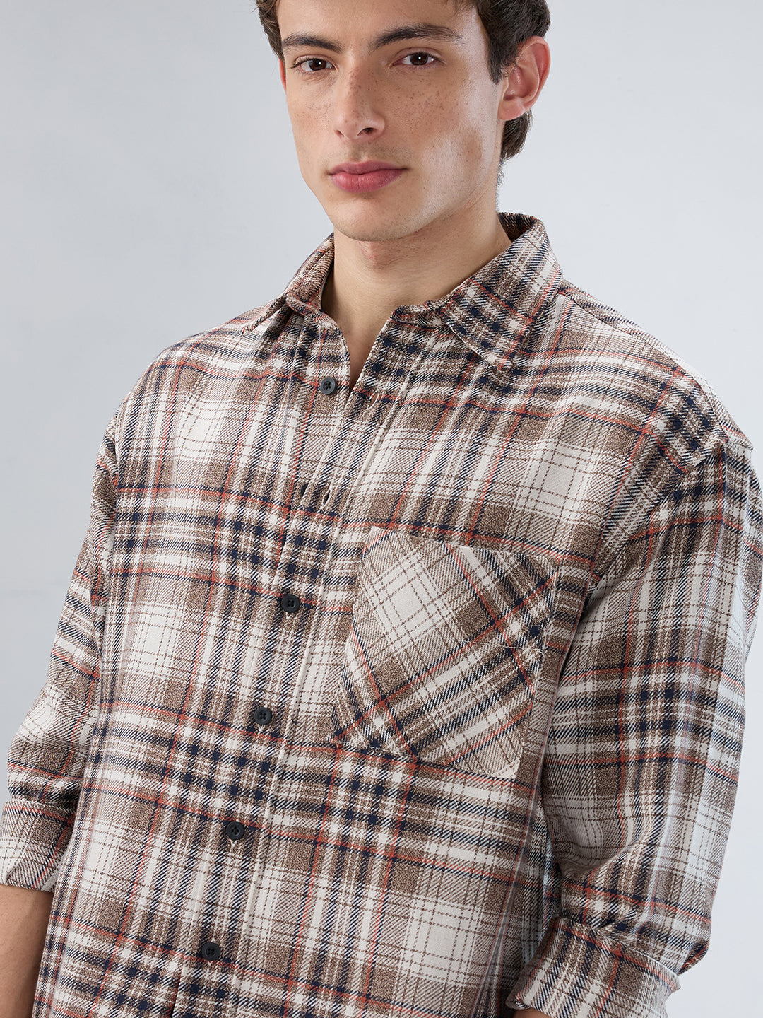 Orange & Brown Plaid Checks Boxy Fit Crop Shirt