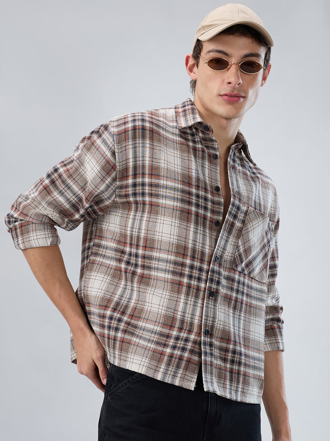 Orange & Brown Plaid Checks Boxy Fit Crop Shirt