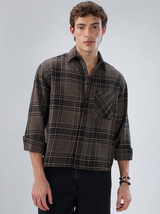 Black & Peanut Brown Plaid Checks Boxy Fit Crop Shirt