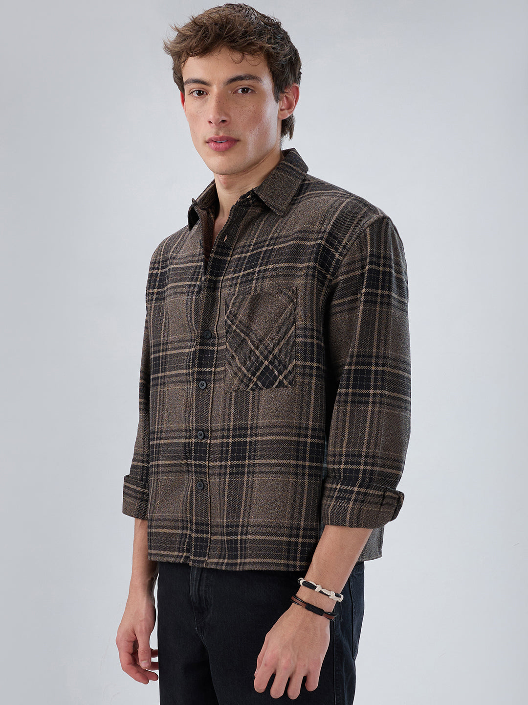 Black & Peanut Brown Plaid Checks Boxy Fit Crop Shirt