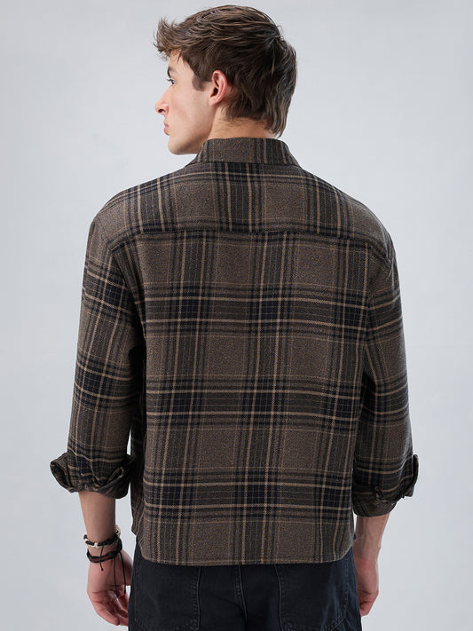 Black & Peanut Brown Plaid Checks Boxy Fit Crop Shirt