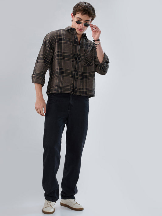 Black & Peanut Brown Plaid Checks Boxy Fit Crop Shirt