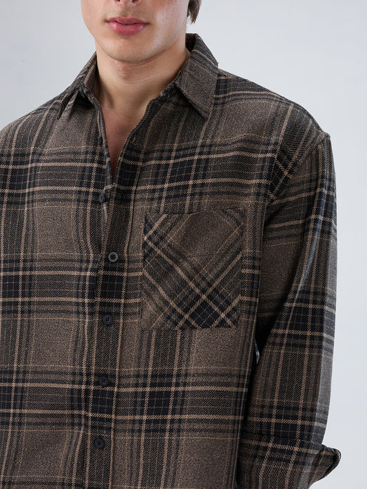 Black & Peanut Brown Plaid Checks Boxy Fit Crop Shirt