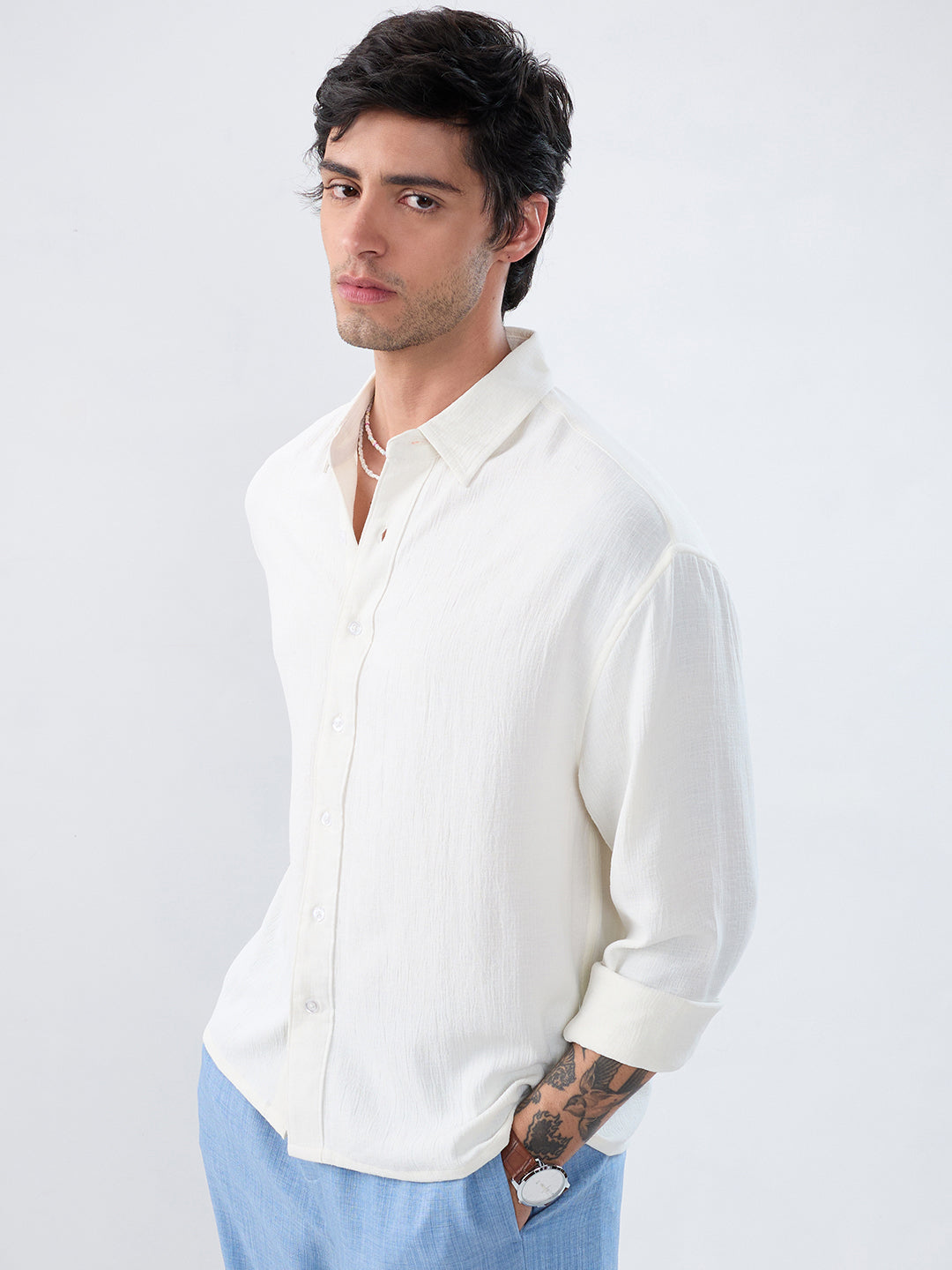 Pearl White Minimal Textured Boxy Fit Oversized Crop Shirt