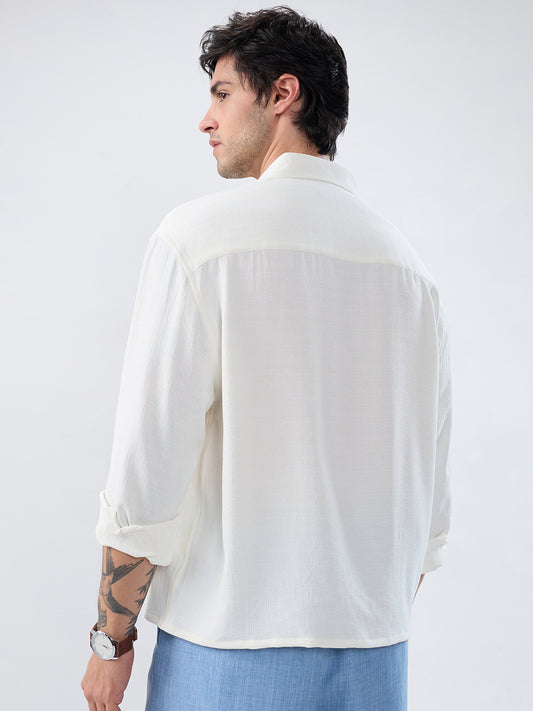 Pearl White Minimal Textured Boxy Fit Oversized Crop Shirt