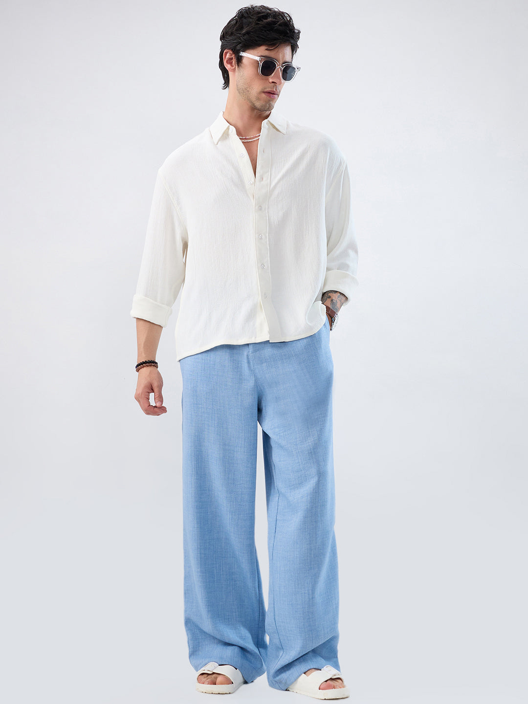 Pearl White Minimal Textured Boxy Fit Oversized Crop Shirt