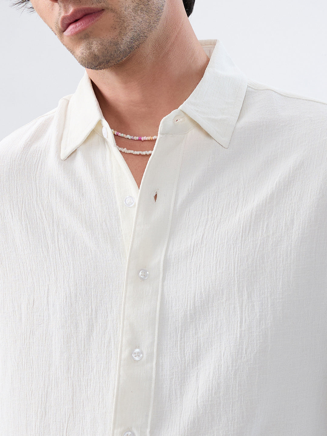 Pearl White Minimal Textured Boxy Fit Oversized Crop Shirt