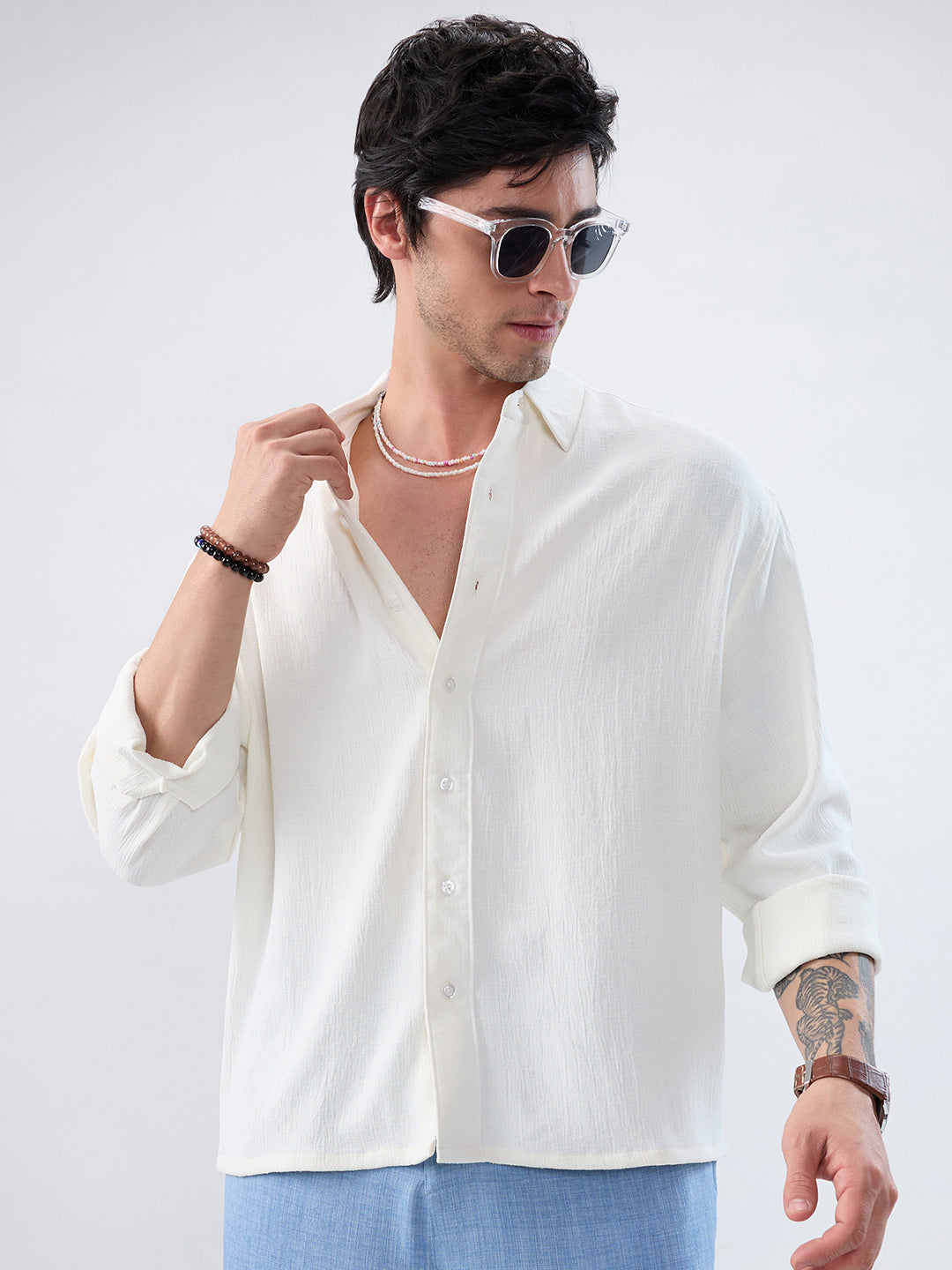 Pearl White Minimal Textured Boxy Fit Oversized Crop Shirt