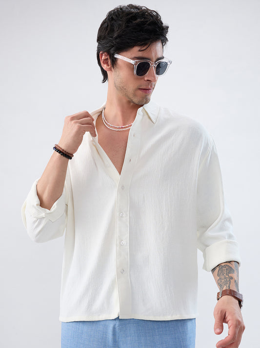 Pearl White Minimal Textured Boxy Fit Oversized Crop Shirt