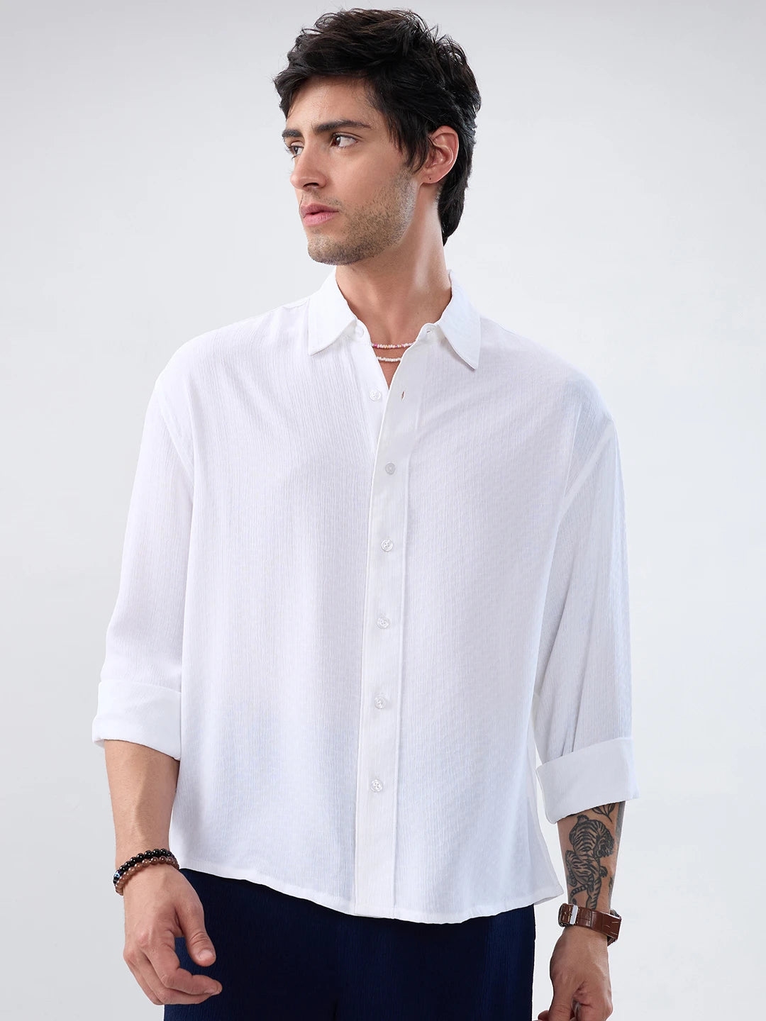Refined Pure White Textured Boxy Fit Crop Shirt