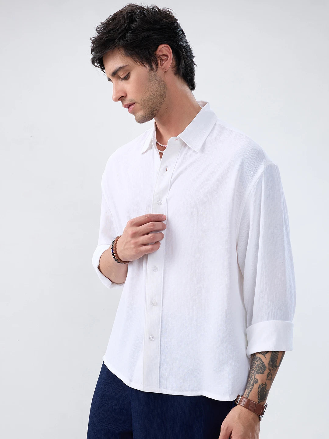 Refined Pure White Textured Boxy Fit Crop Shirt