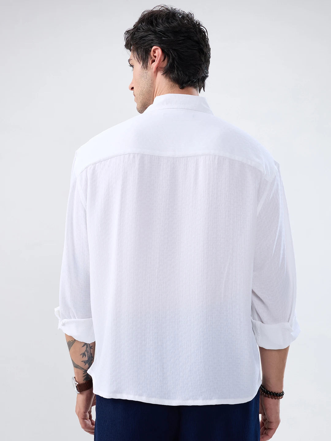 Refined Pure White Textured Boxy Fit Crop Shirt