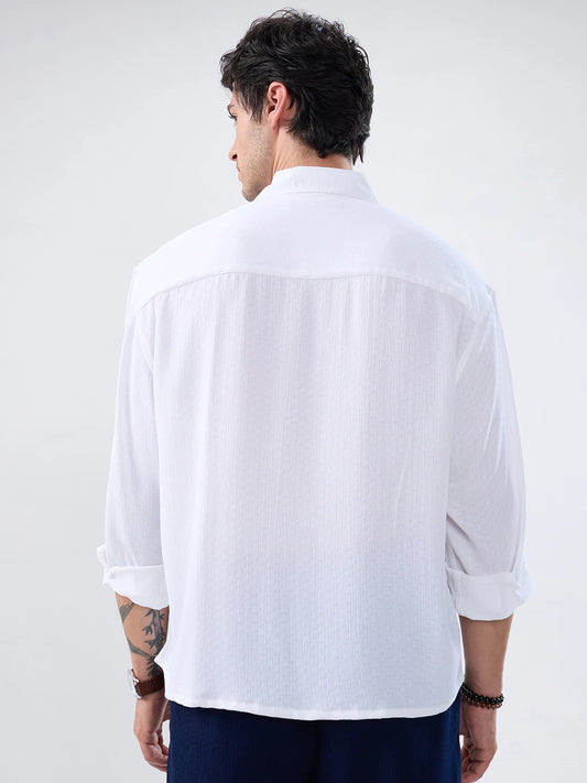 Refined Pure White Textured Boxy Fit Crop Shirt