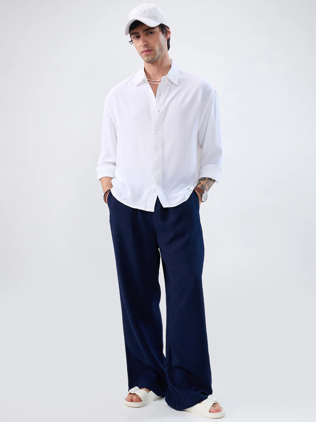 Refined Pure White Textured Boxy Fit Crop Shirt