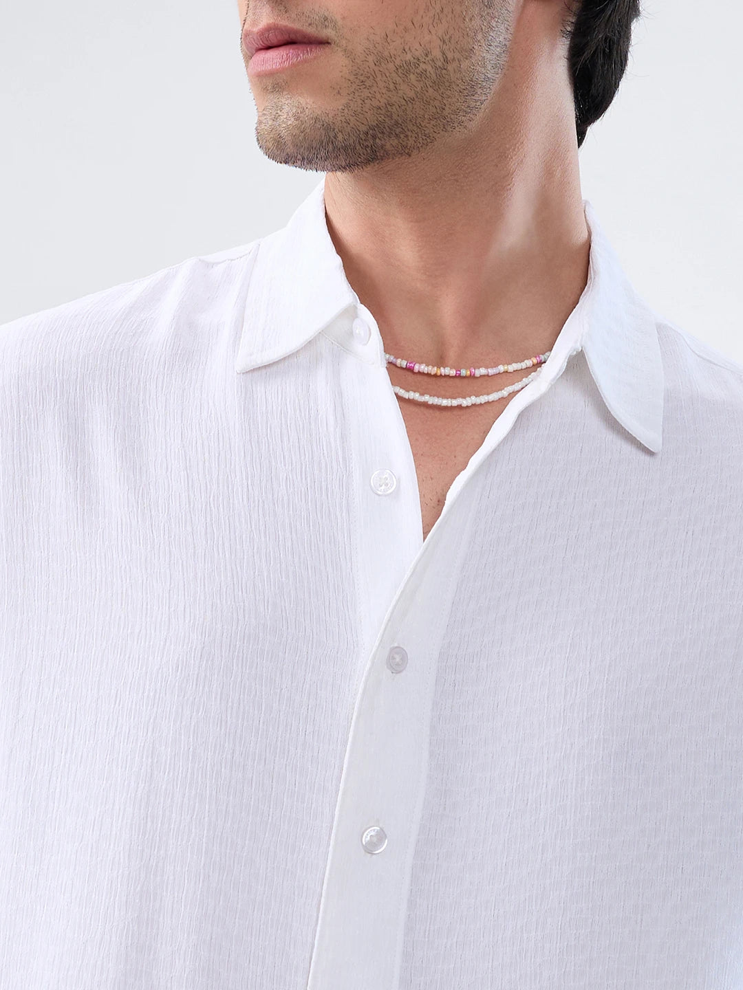 Refined Pure White Textured Boxy Fit Crop Shirt