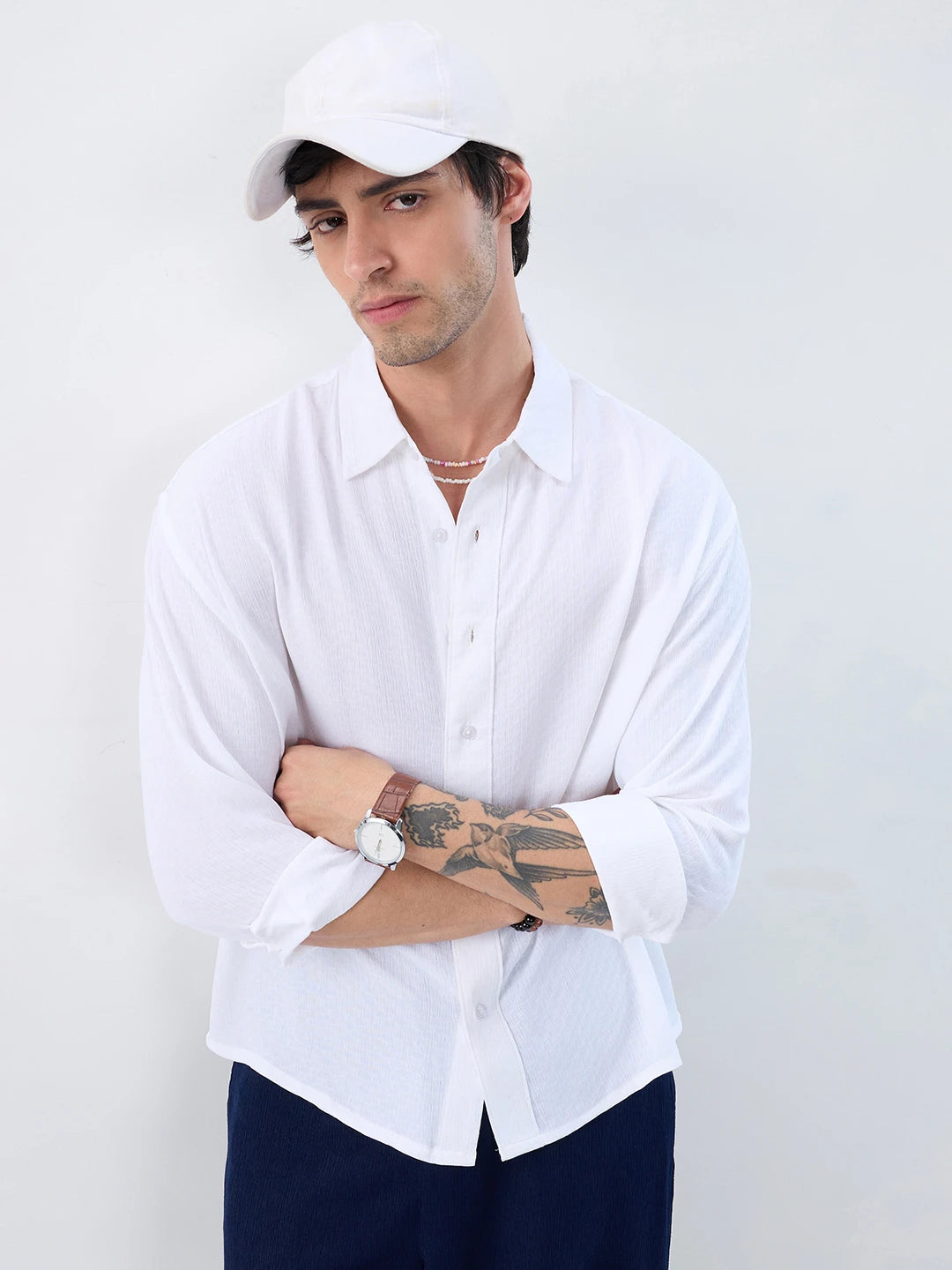 Refined Pure White Textured Boxy Fit Crop Shirt