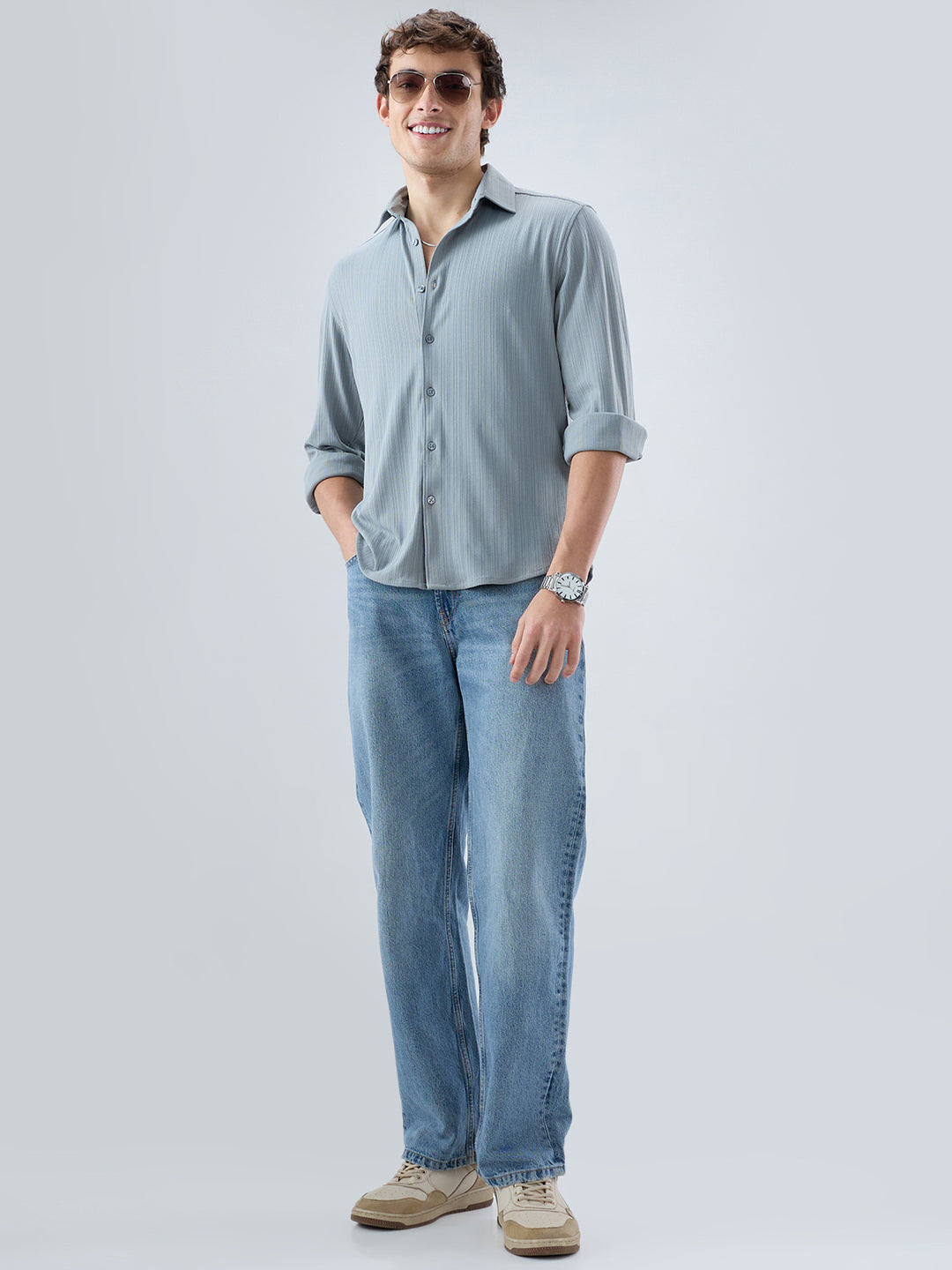 Classic Grey Fine Vertical Ribbed Knitted Shirt