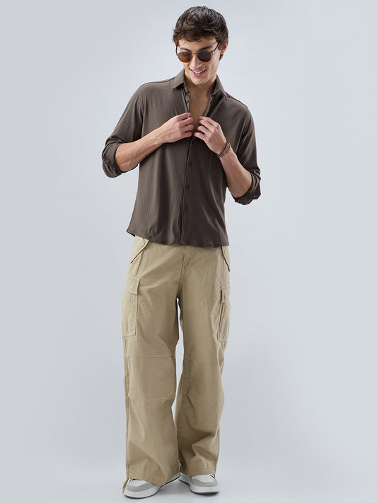 Carbon Grey Fine Vertical Ribbed Knitted Shirt