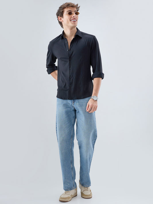 Timeless Black Fine Vertical Ribbed Knitted Shirt
