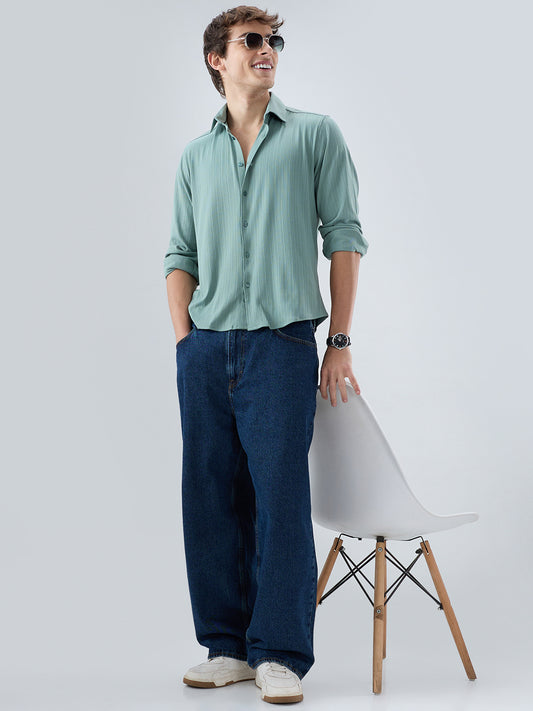 Sea Green Fine Vertical Ribbed Knitted Shirt