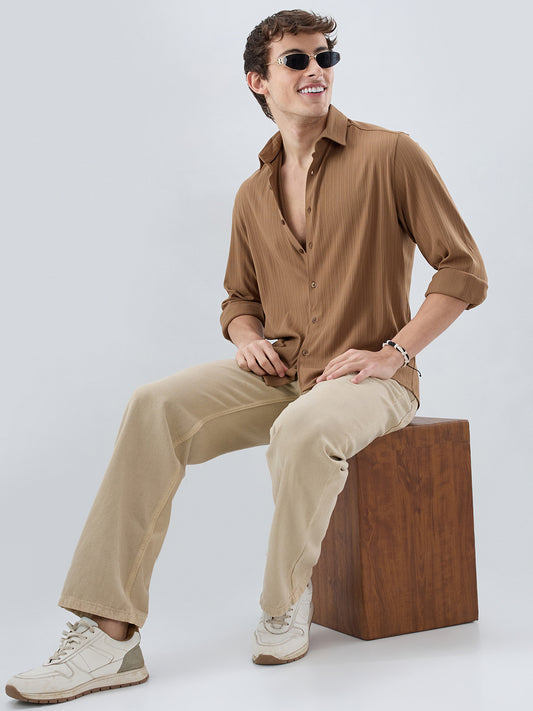 Copper Brown Fine Vertical Ribbed Knitted Shirt