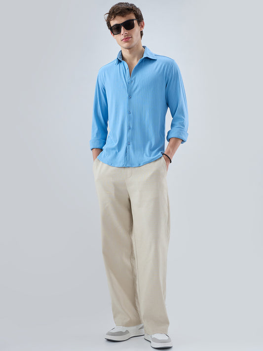 Sky Blue Fine Vertical Ribbed Knitted Shirt
